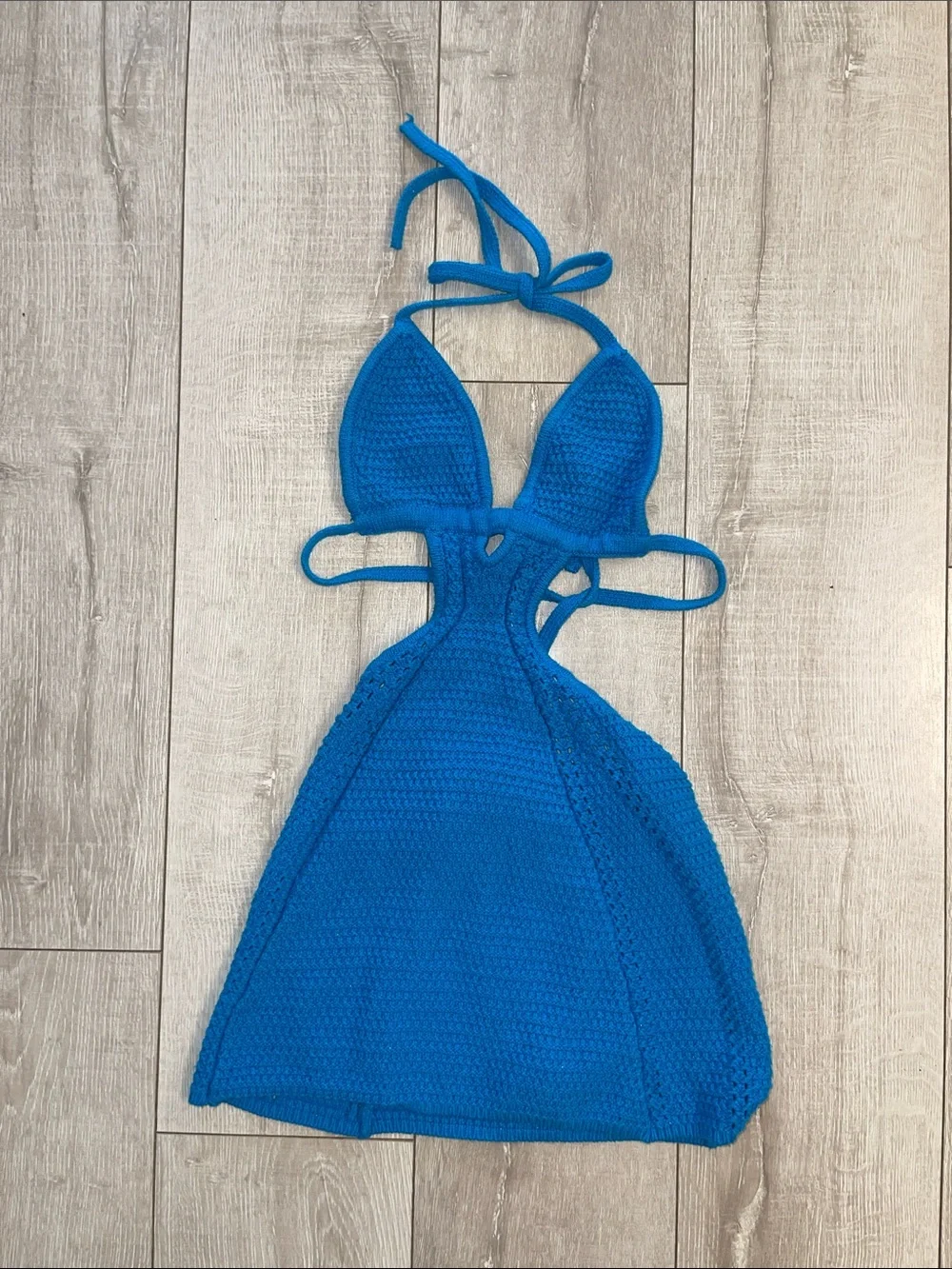 Blue crochet mini dress with size cutout detail size XS never worn!